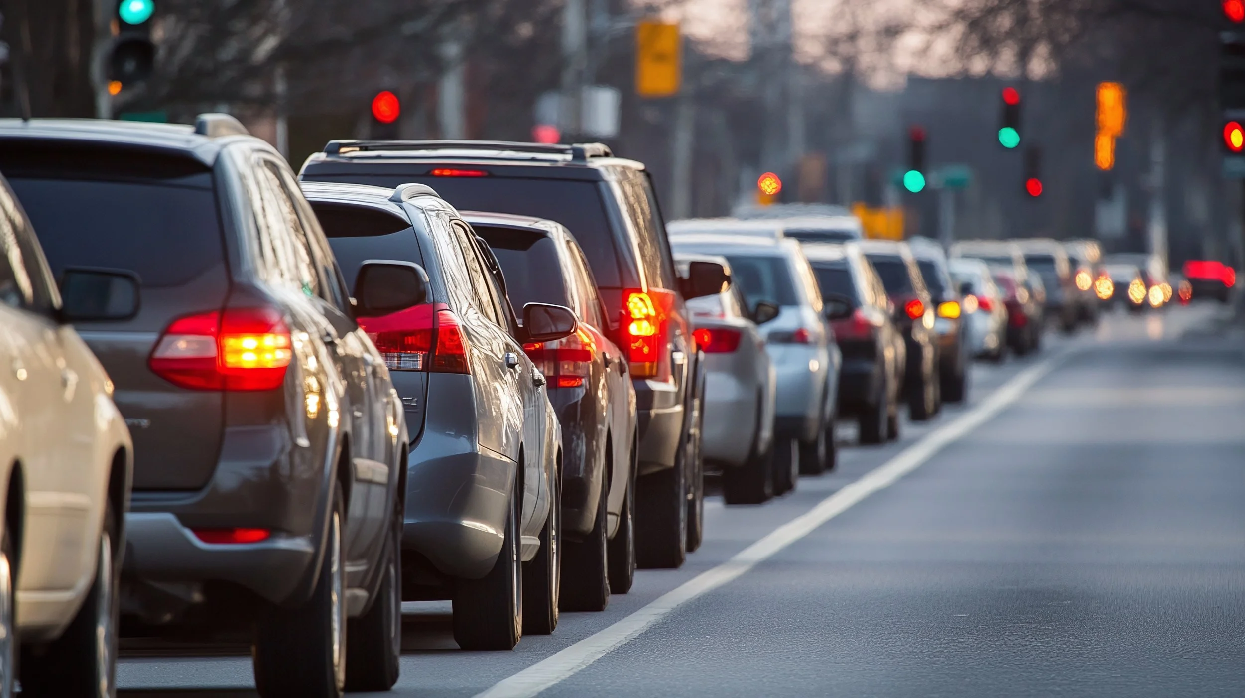 Multiple cars in a line, stopped at a traffic light on a city street in the evening.