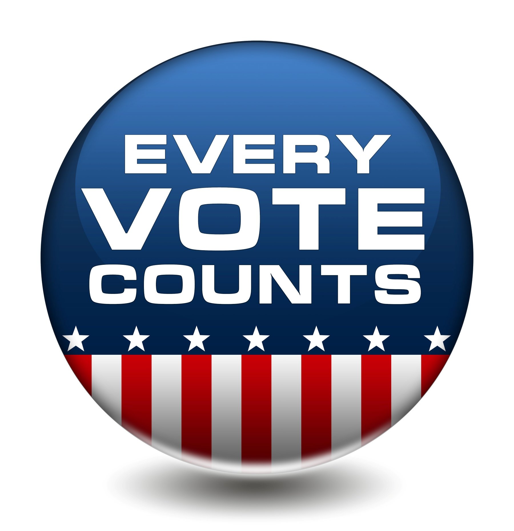 A circular political campaign button with the message "Every Vote Counts" in white text on a blue background, decorated with white stars and red and white stripes at the bottom.