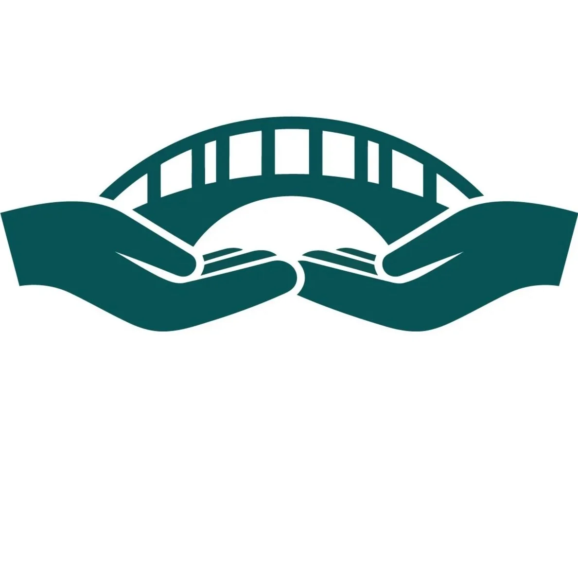 Black and white illustration of two hands holding a bridge, symbolizing support and connection.