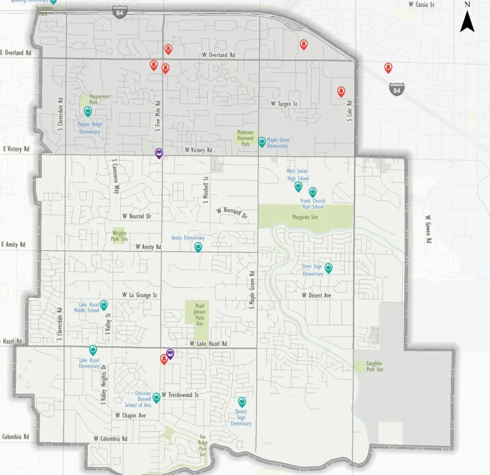Map of a neighborhood with schools, parks, and various landmarks labeled, including Pepper Ridge Elementary, Maple Grove Elementary, Lake Hazel Middle School, and others, with streets and highways marked.