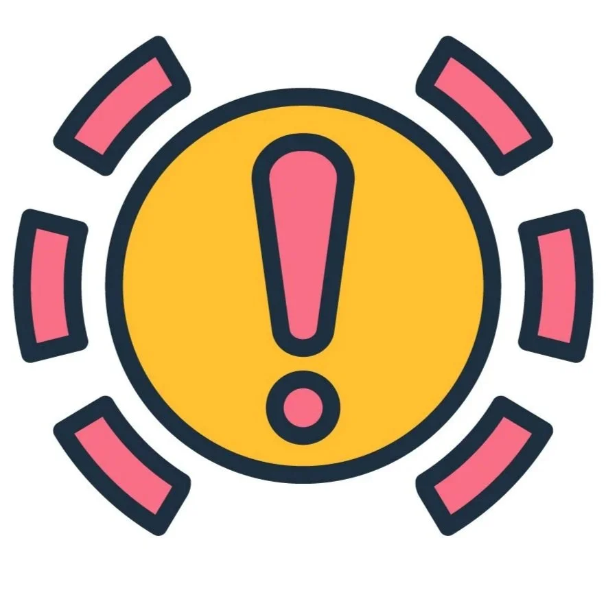Colorful warning icon with a yellow circle, a pink exclamation mark in the center, and pink curved lines around the circle.