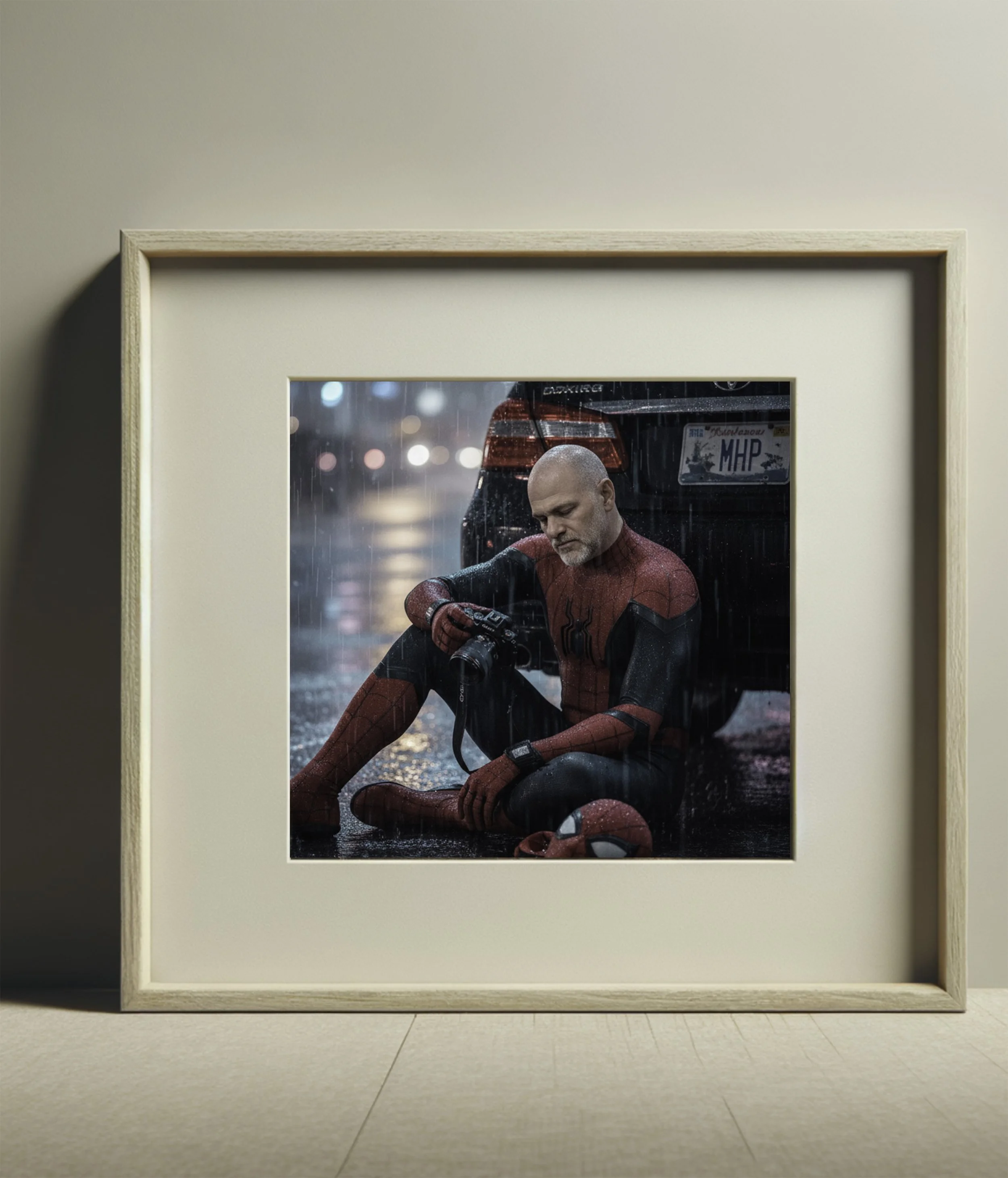 Framed photograph of a man dressed as Spider-Man sitting on a wet street under rain, leaning against a black car with an Arkansas license plate.