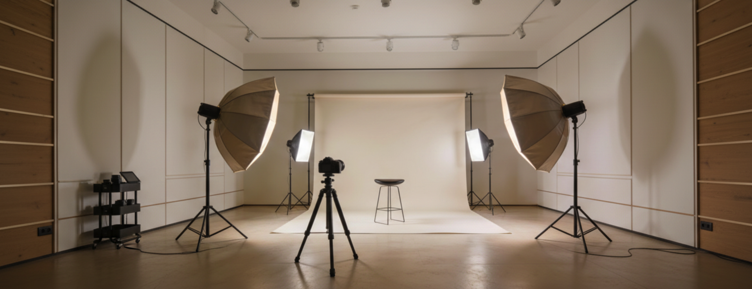 Photography studio with three large studio lights, a white backdrop, a camera on a tripod, a stool, and a black rolling cart with equipment, in a room with wood paneling.