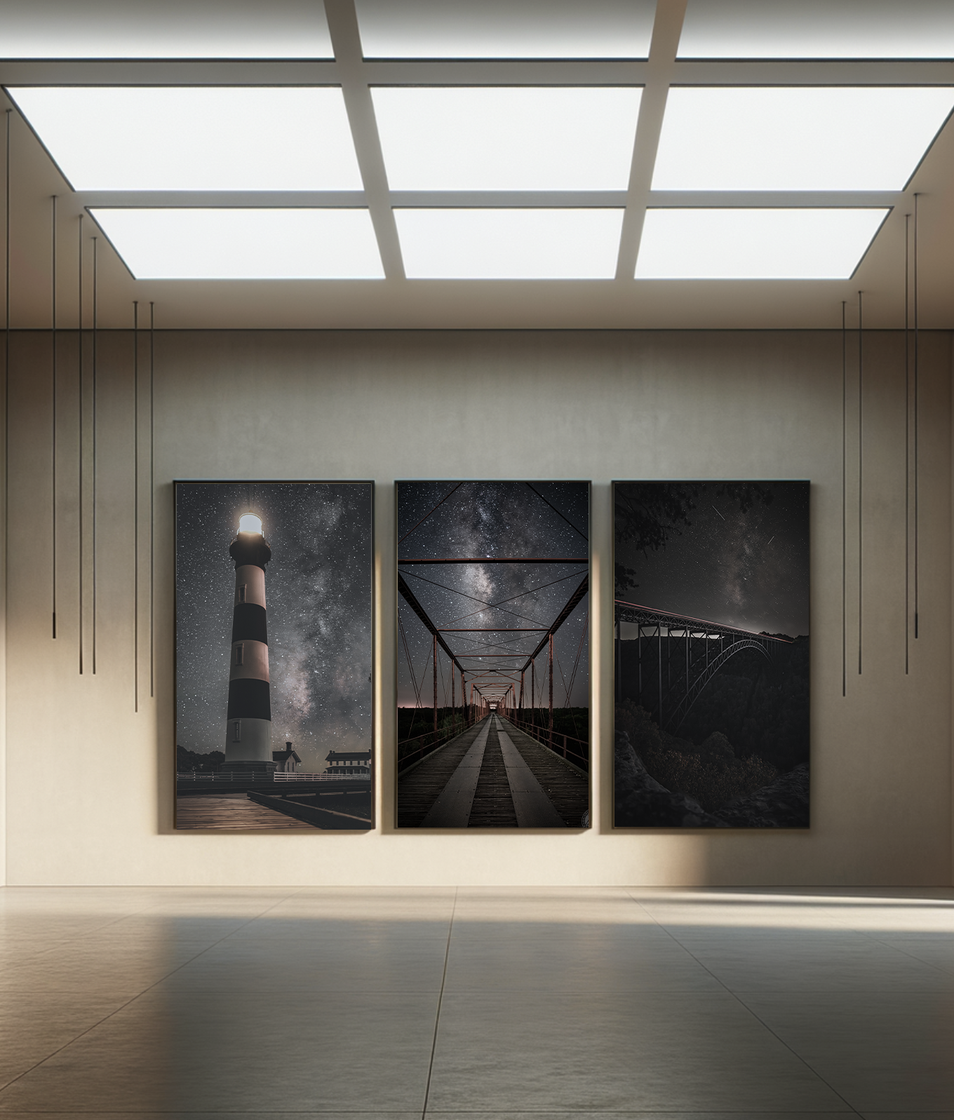 Triptych of night sky photography: a lighthouse under starry sky on the left, a wooden bridge with a starry sky overhead in the center, and a bridge over a valley under starry night on the right.