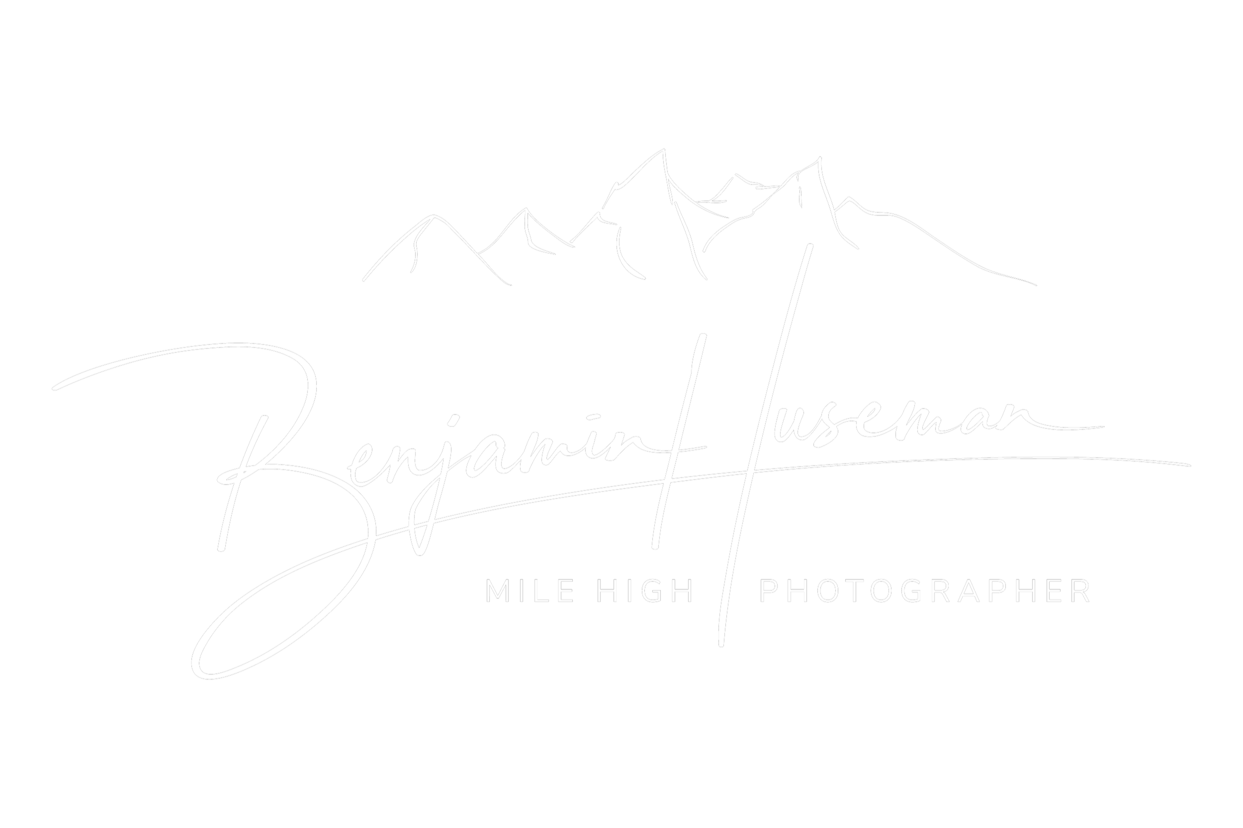 Logotype with mountain outline in white on black background. Includes name 'Benjamin Luseman', the title 'Mile High Photographer', with stylized script and sans-serif fonts.