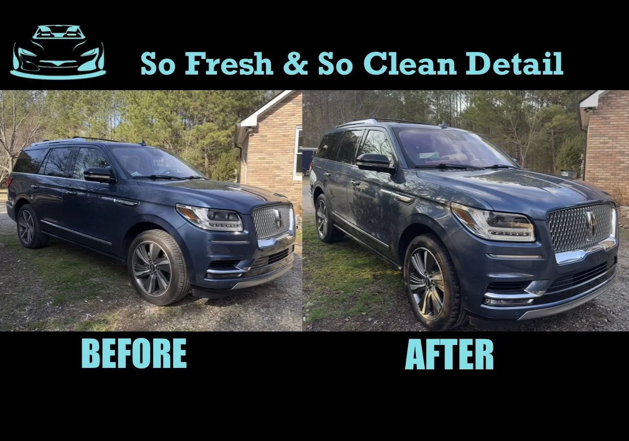 Comparison of a blue SUV before and after cleaning, showing a clean and shiny vehicle with the text 'So Fresh & So Clean Detail' and 'BEFORE' and 'AFTER' labels.