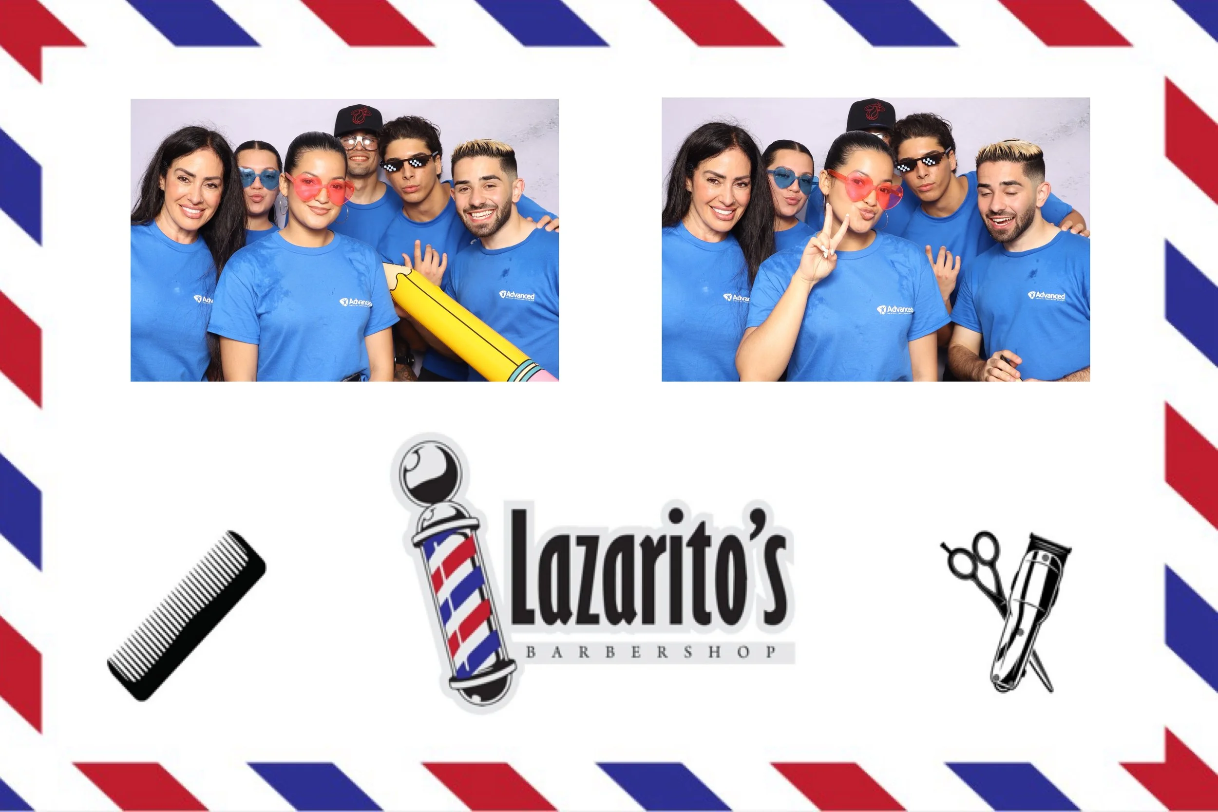 Two group photos of people wearing blue shirts with 'Advanced' logo, in front of a barber shop-themed border, with the logo 'Lazario's Barbershop' and barber tools like a comb, straight razor, and scissors.