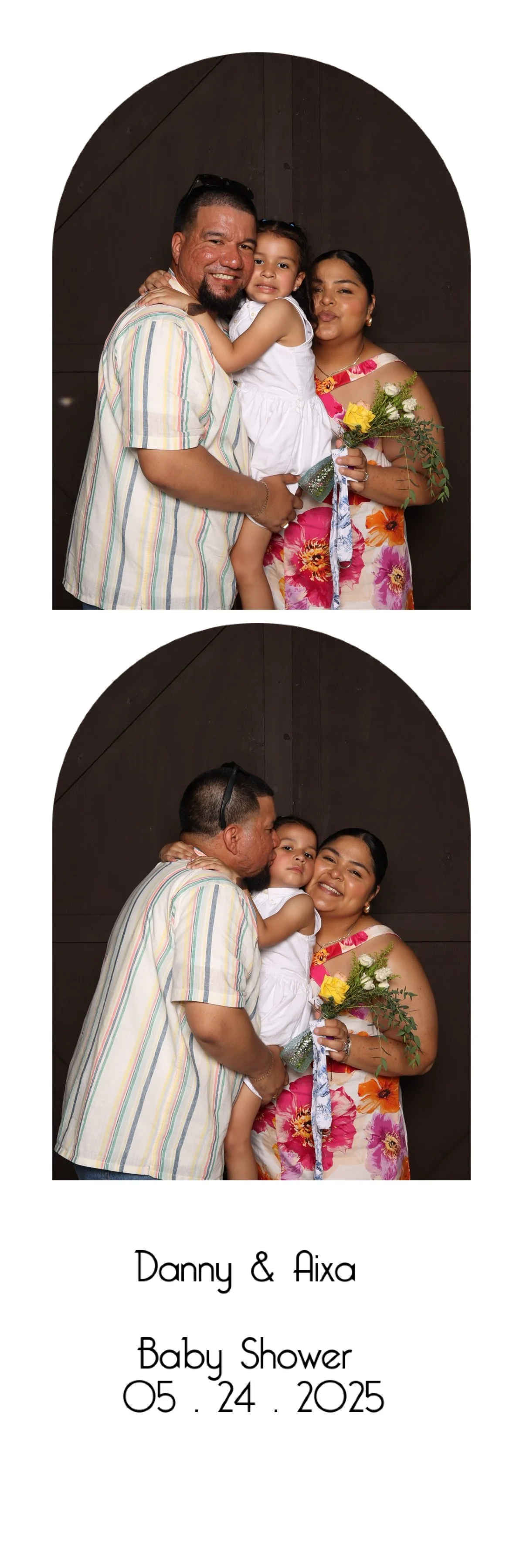 Photo collage of a family celebrating a baby shower, featuring a man, woman, and a young girl in two different poses, with a dark background and a note indicating the event details.