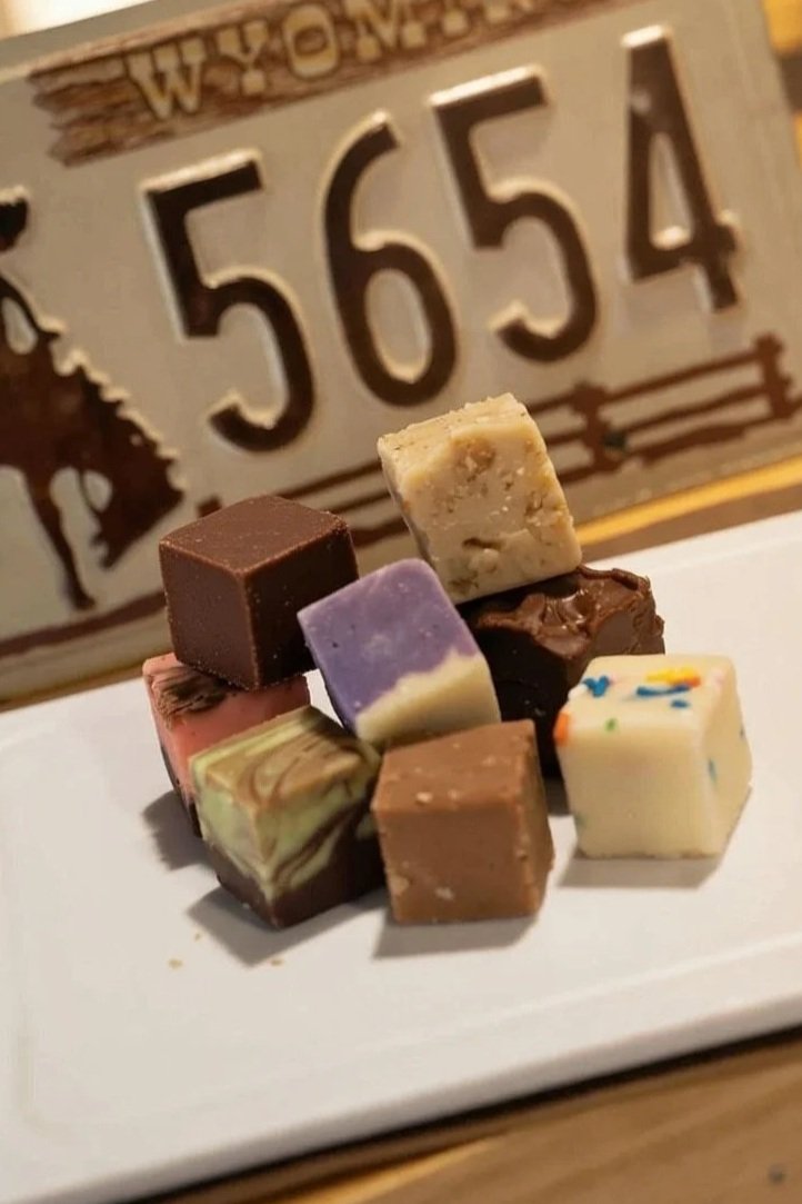 Assorted cubes of fudge on a white plate with a wooden sign reading '5654' in the background.