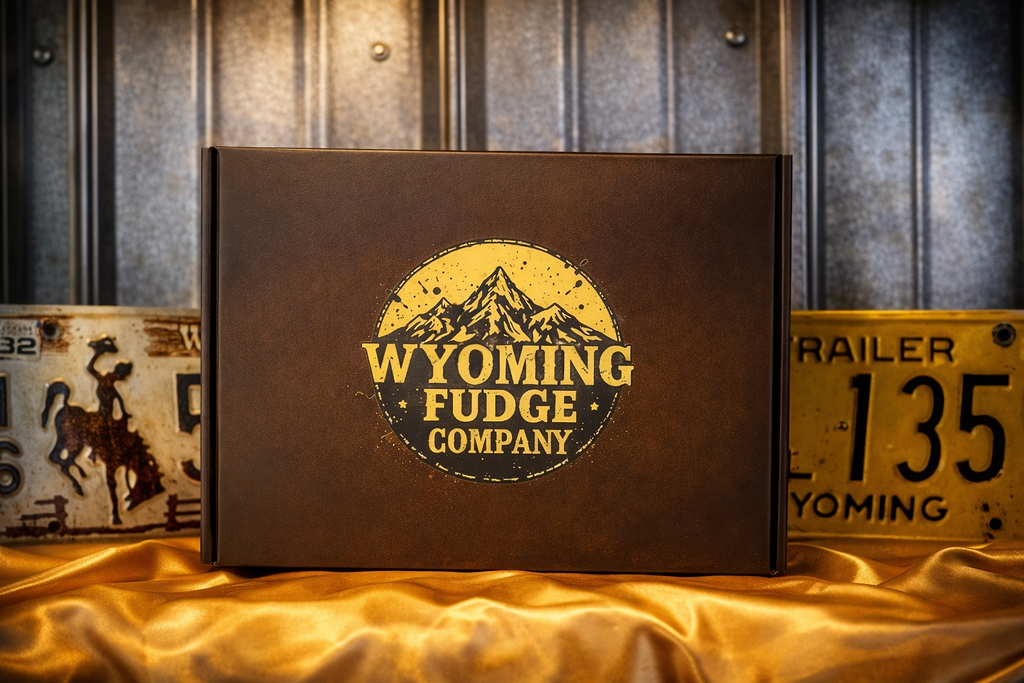 Black box with Wyoming Fudge Company logo featuring mountains in the background, yellow text, and yellow decorative elements. There are vintage license plates behind the box, one with a cowboy and horse, and another showing Wyoming license details. The setup is on a golden-colored fabric surface.