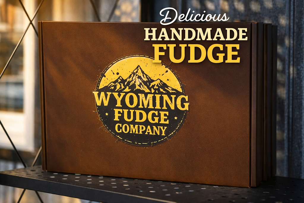 A brown box with a logo for Wyoming Fudge Company and text advertising handmade fudge, displayed on a black shelf.