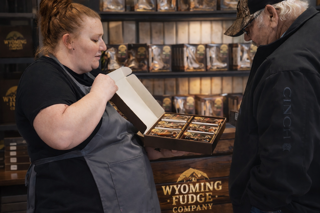 A woman with red hair and a gray apron holding a box of fudge, showing it to a man with a black jacket and a camouflage cap inside a fudge shop.