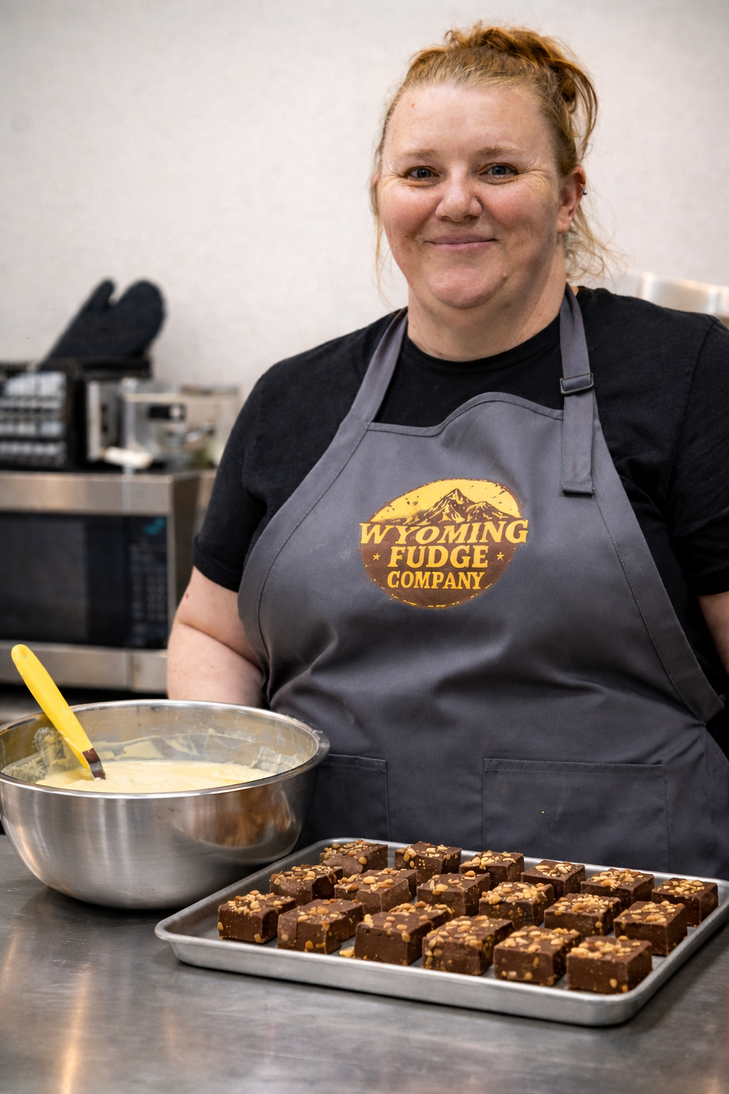 A woman wearing a gray apron with a Wyoming Fudge Company logo, standing in a kitchen, with brownies topped with nuts on a tray and a mixing bowl of batter in front of her.