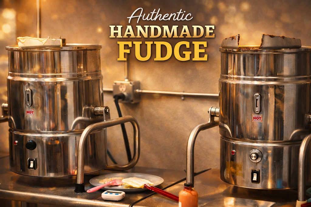 Two stainless steel pots of hot fudge on a counter with a small plate of toppings and a digital timer in front, with the words "Authentic Handmade Fudge" displayed above.