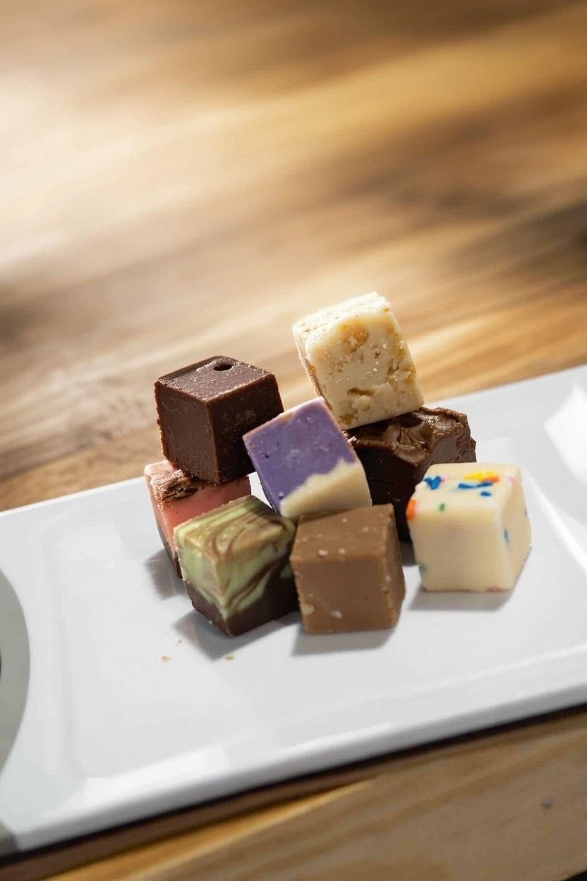Assorted colorful chocolates on a white rectangular plate.
