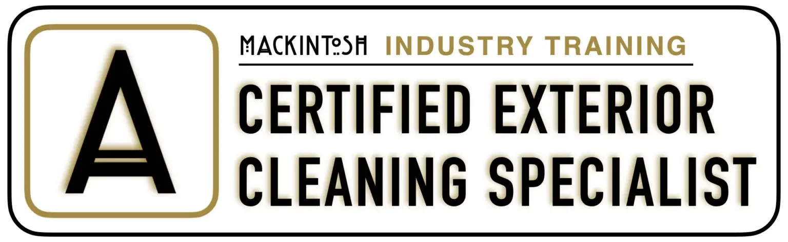 Certification badge for industry training, awarded to a certified exterior cleaning specialist