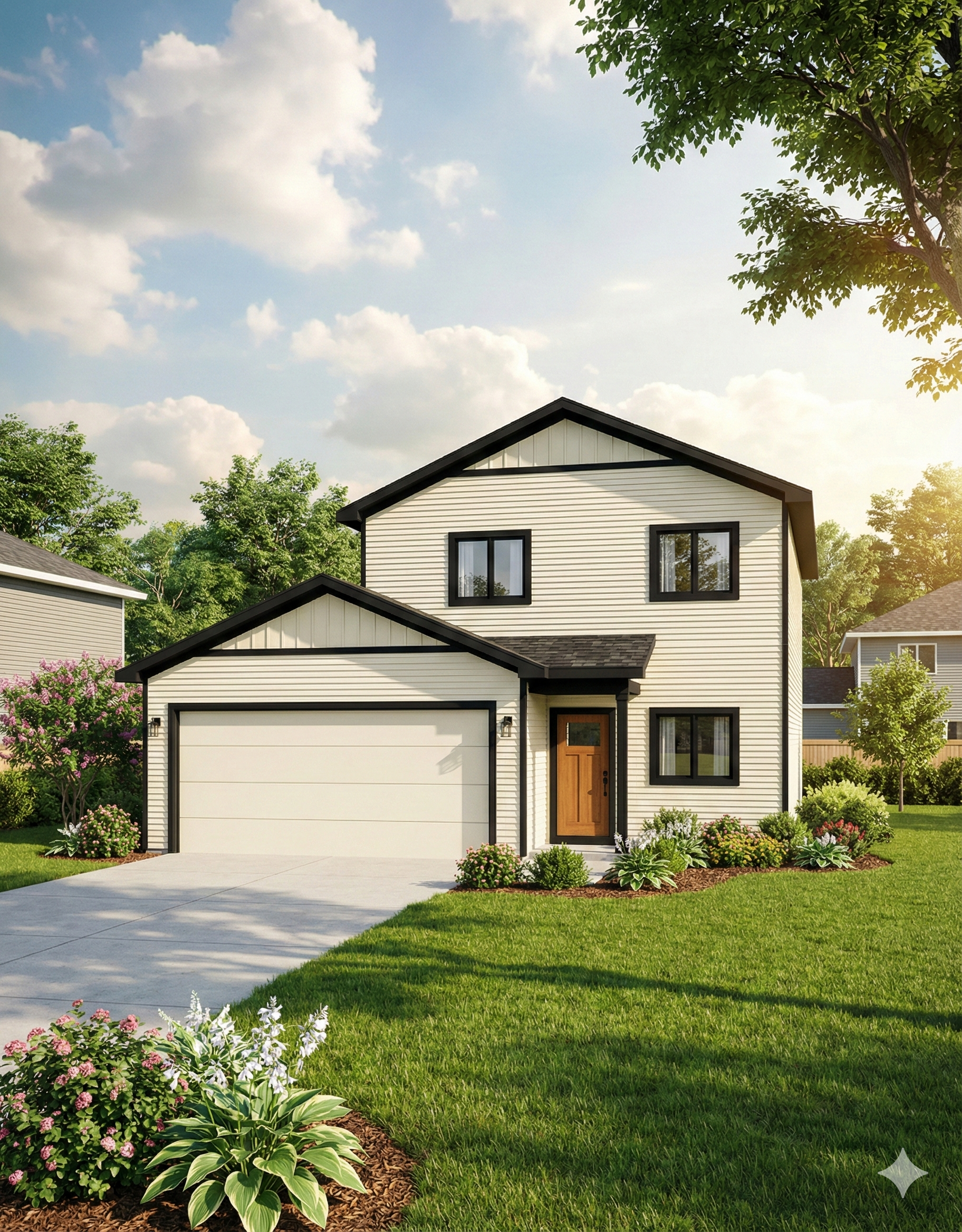 Modern two-story house with white siding, black trim, brown front door, attached garage, well-manicured lawn, and landscaped garden with colorful flowers and shrubs. Sunny sky with clouds and trees in background.