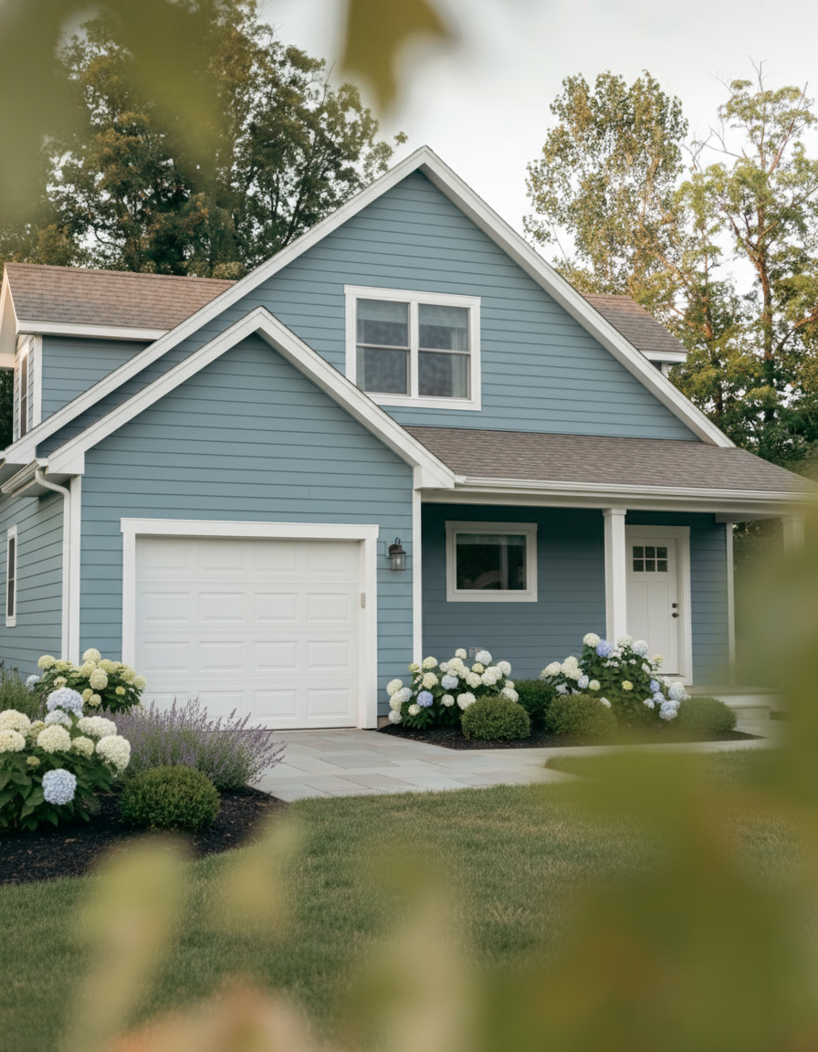 A two-story blue house with a white garage door, front porch, and surrounding landscaped garden with white and purple flowers.