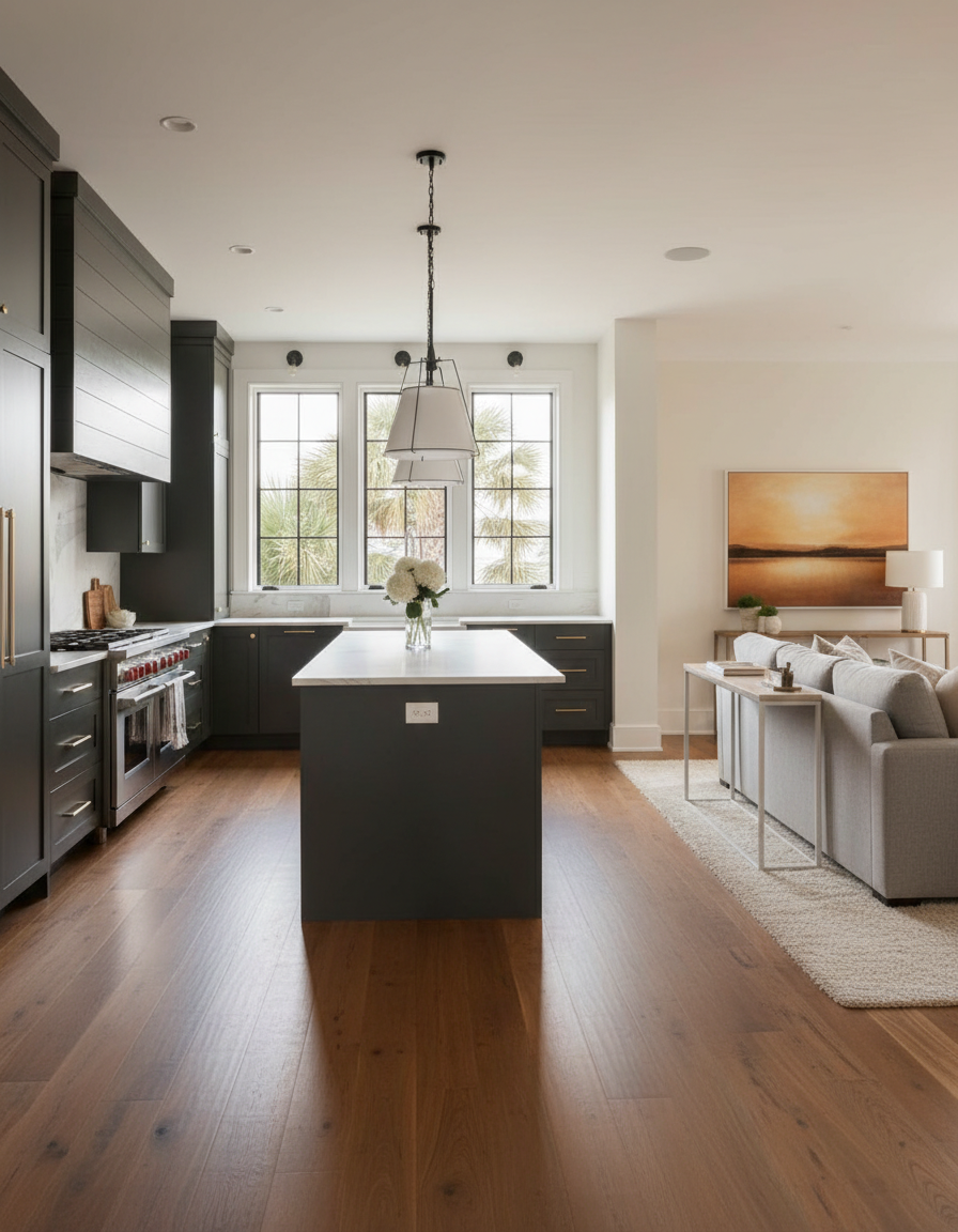 Modern kitchen with dark cabinets, a central island with a white countertop, large window with palm trees outside, and a sitting area with a sofa and a painting in the background.