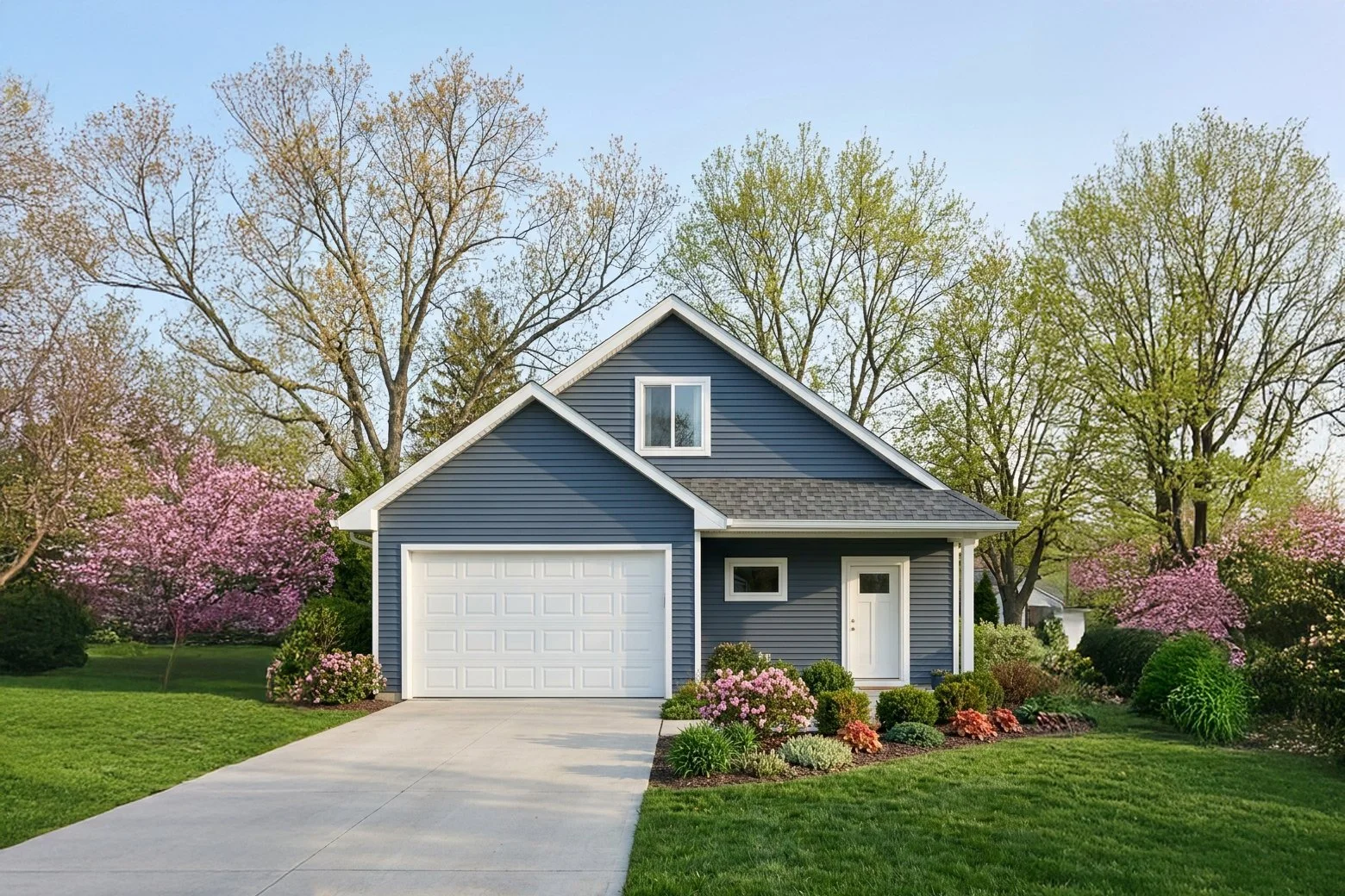A blue house with a white garage door and white front door, situated in a yard with green grass, pink flowering bushes, and trees with early spring foliage, under a clear blue sky.
