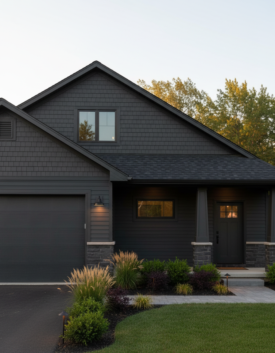 A modern black house with a garage door, small front porch, and well-maintained landscaping with bushes and grass, under a cloudy sky.