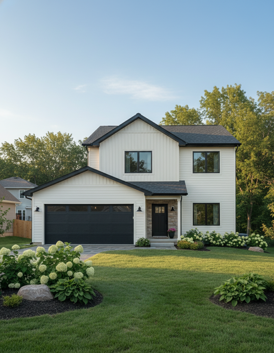 A two-story modern house with white siding, black roof, and black garage door, surrounded by a well-maintained lawn and flower beds with white hydrangeas, in a neighborhood with trees.
