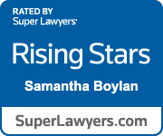 Screen displaying a website titled 'RATED BY Super Lawyers' featuring 'Rising Stars' with the name 'Samantha Boylan' and the URL 'SuperLawyers.com'.