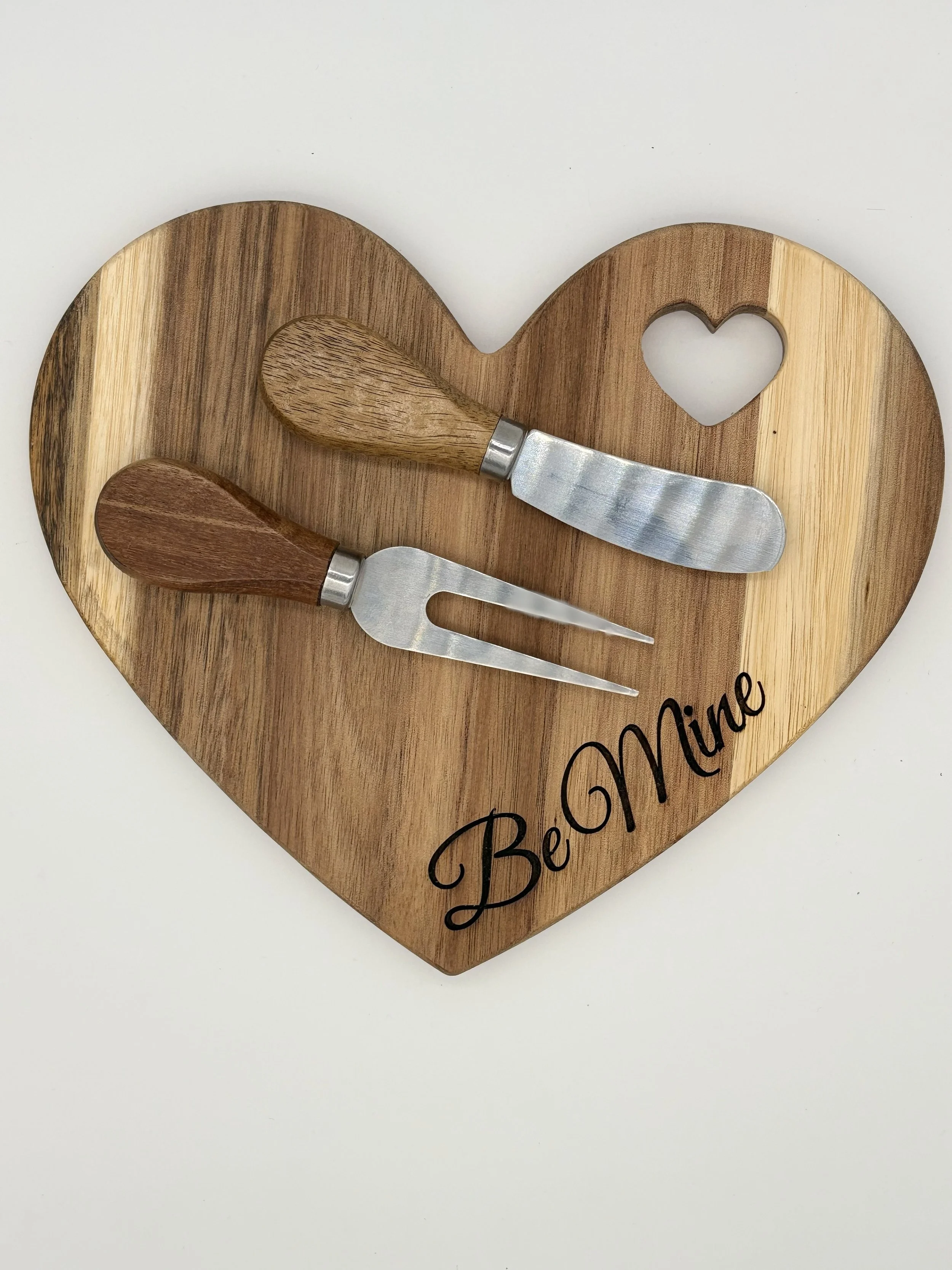 Be Mine wood heart charcuterie board