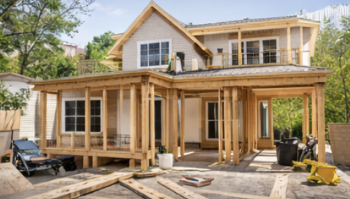 House under construction with wooden framing and partially built porch