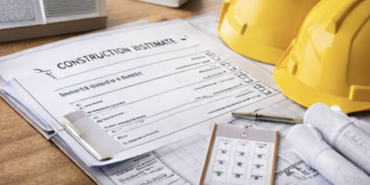 Construction plans, yellow safety helmets, and rolled-up blueprints on a wooden table.