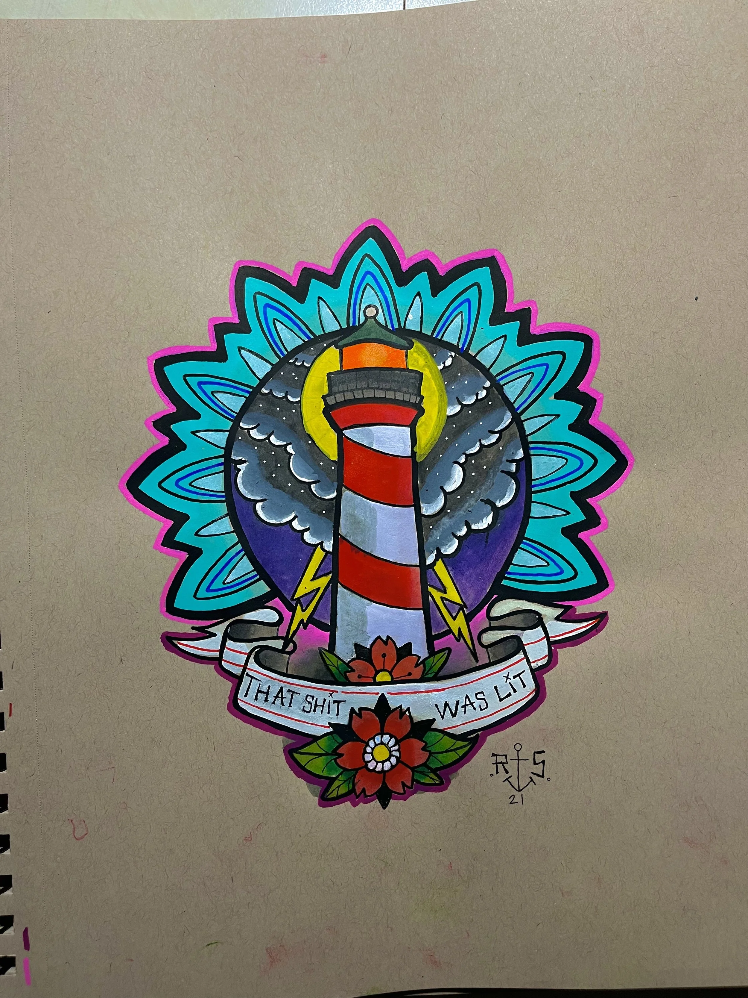 Colorful sticker featuring a lighthouse with stormy clouds and lightning, surrounded by a blue and pink decorative border, with a banner at the bottom reading 'That Shit Was Lit' and floral elements.