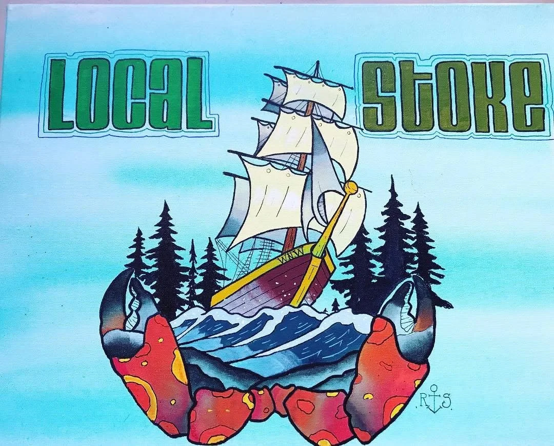 A colorful illustration of a ship sailing on rough waters inside a crab's claws, with a background of pine trees and the words "Local Store" at the top.