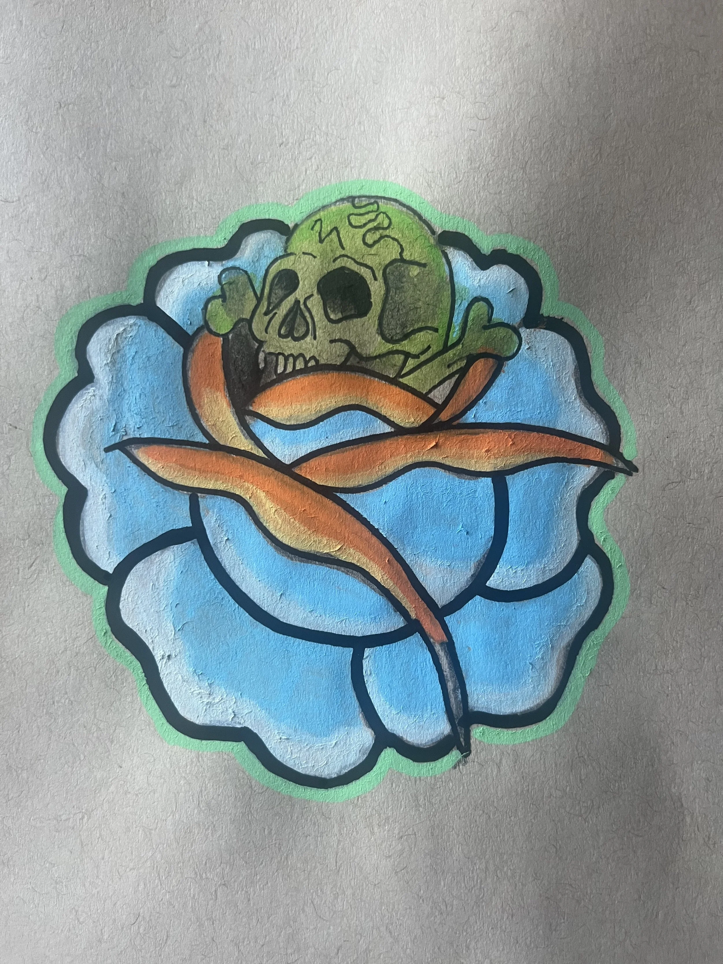 Colorful sticker of a skull with a green hue, surrounded by orange tentacle-like shapes, on a blue floral background with a green outline.