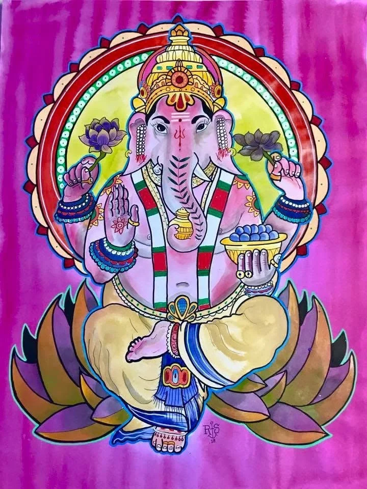 Colorful painting of Lord Ganesha, the Hindu elephant-headed deity, sitting on a lotus flower with a pink background. Ganesha is holding a lotus flower and a bowl of berries.
