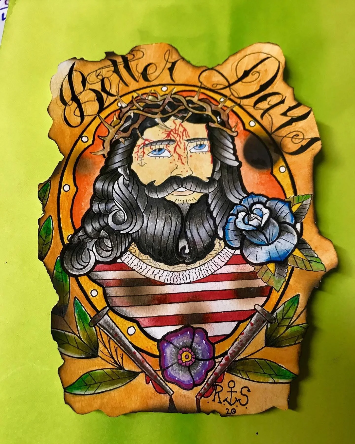 A tattoo-style illustration of Jesus Christ with a crown of thorns, lightning scar on his face, blue eyes, and long black hair and beard. Surrounding him is a circular banner with the words "Better Late" and decorated with flowers, leaves, and syring