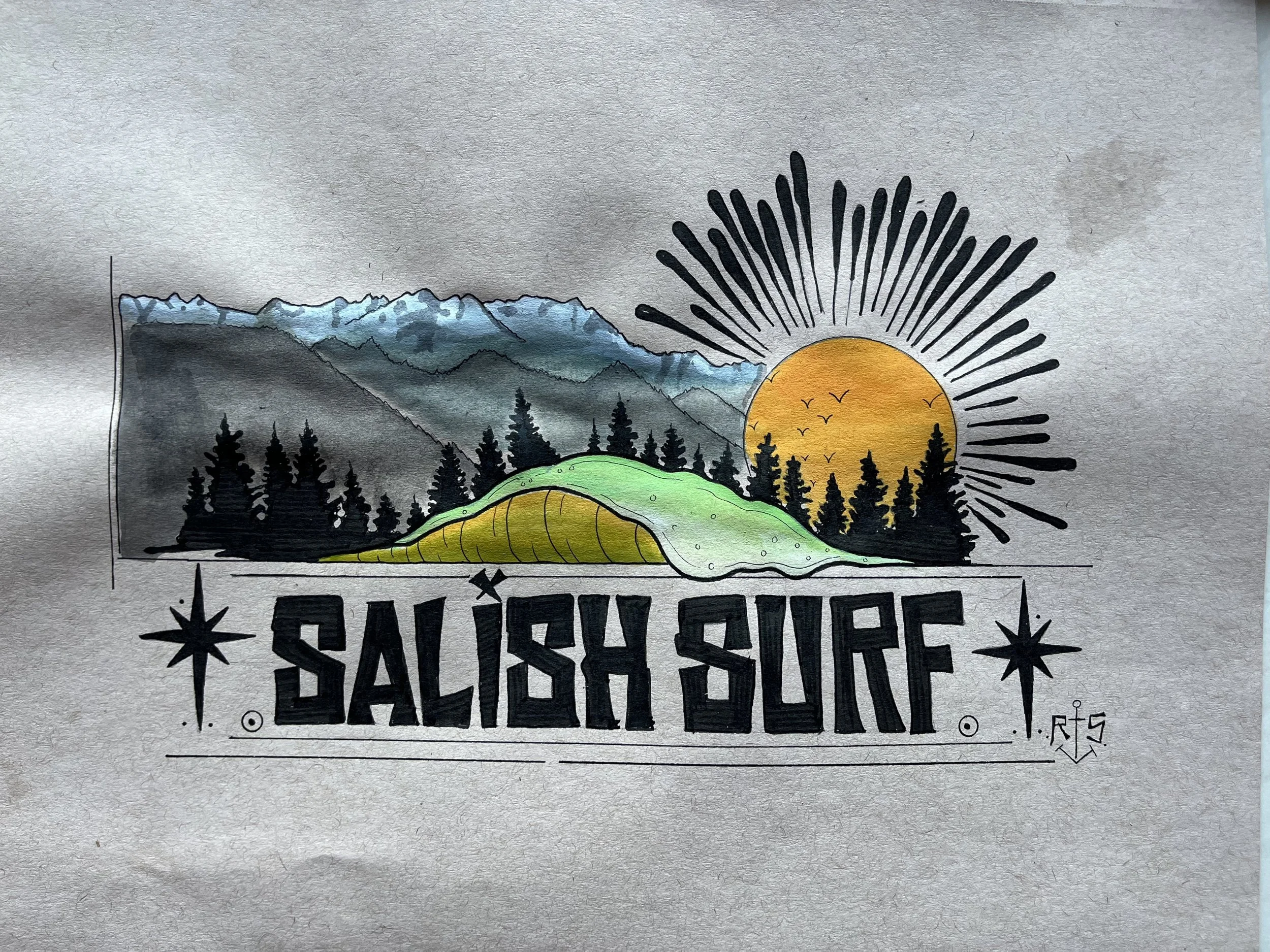 Hand-drawn logo featuring a mountain landscape with trees, a green hill, and a sunset with black rays extending outward. The text 'Salish Surf' is written below, with decorative stars and lines.