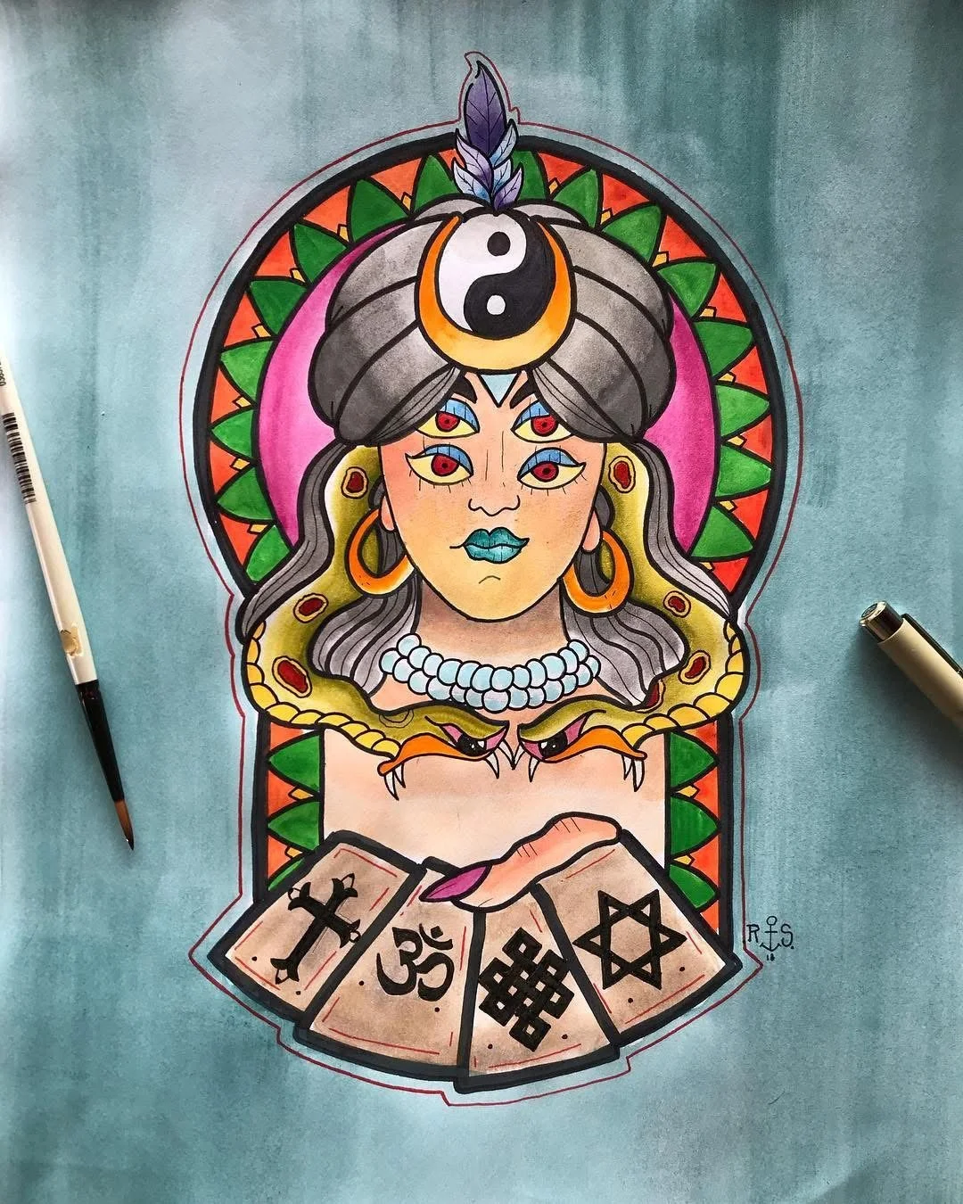 Colorful illustration of a multi-eyed mythological woman with snake hair, a crescent moon and yin-yang symbol on her forehead, surrounded by a decorative background with green and orange elements, and holding tarot cards with various symbols.