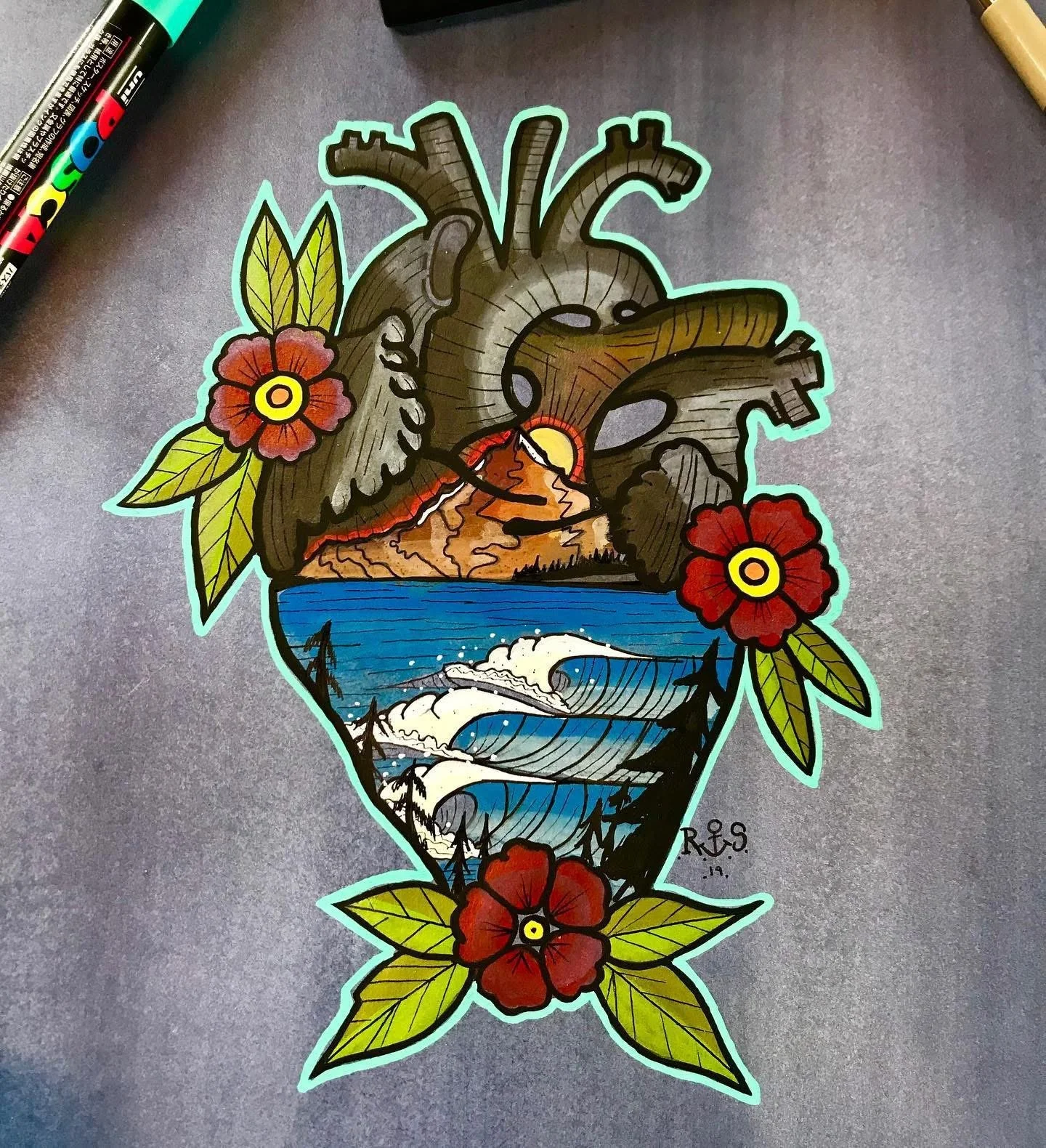 A colorful tattoo-style illustration of a human heart with scenic elements, including mountains, ocean waves, and flowers, integrated into the design.