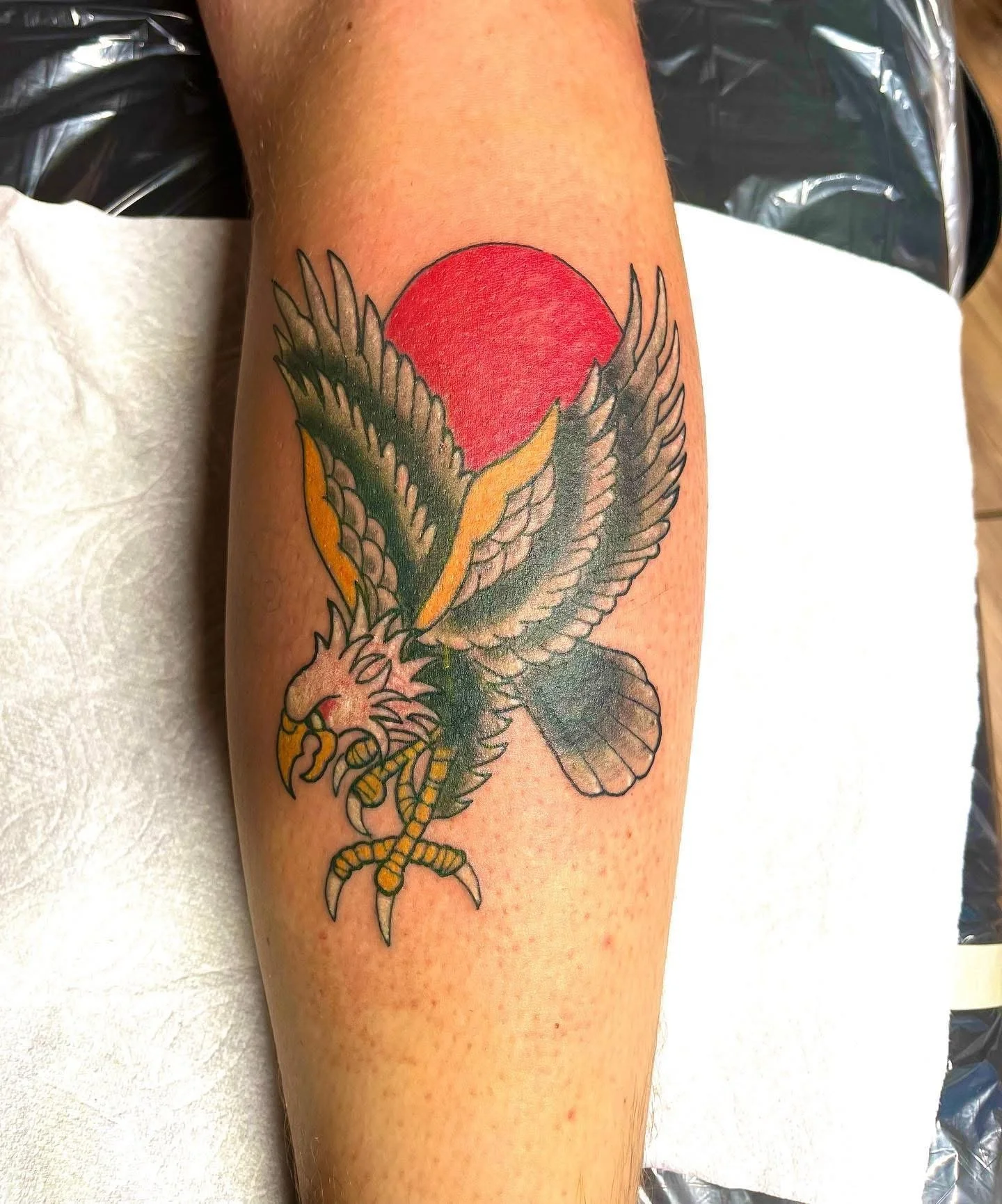 Tattoo of an eagle with outstretched wings in front of a red sun on a person's arm.