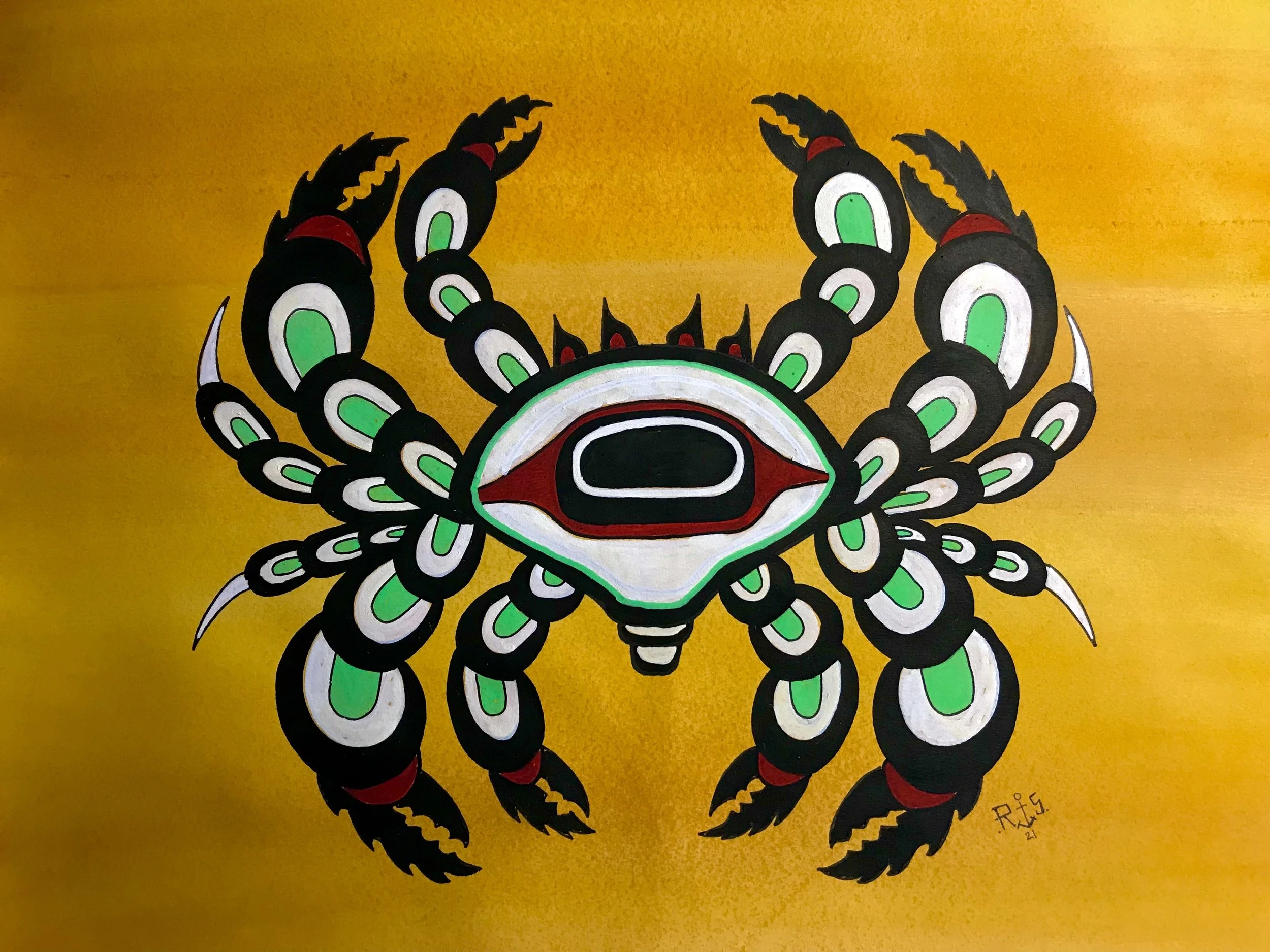 A colorful abstract painting of a crab with a central eye, surrounded by intricate black, white, green, red, and yellow patterns on a yellow background.