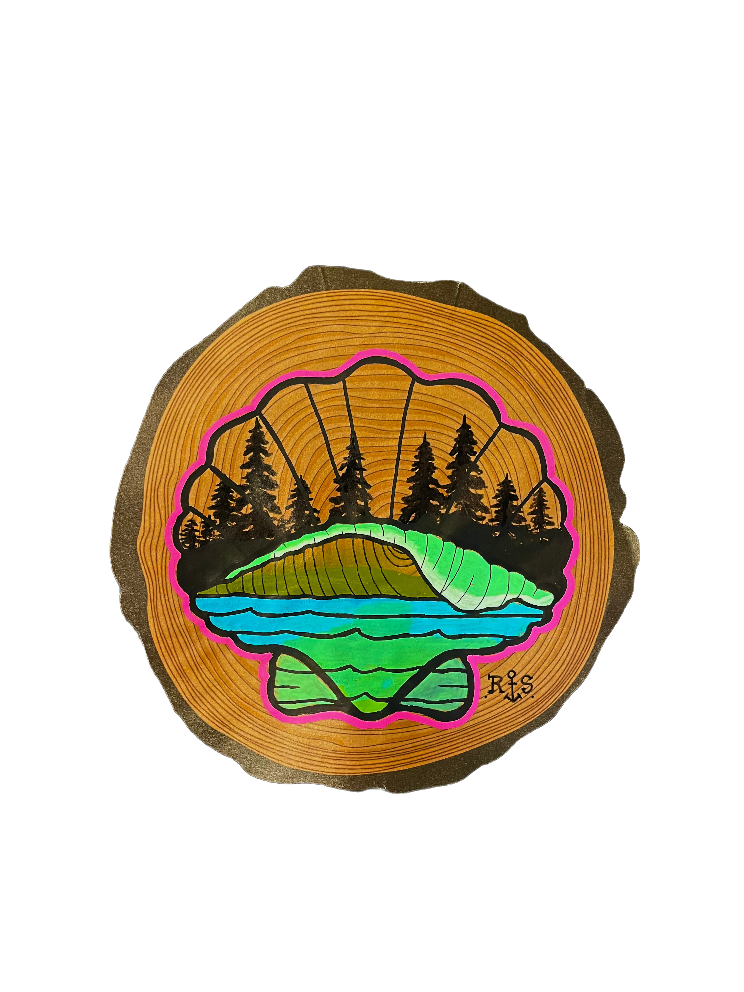 Colorful art of a tree slice with a landscape scene inside, featuring pine trees, a mountain, and a river, with a pink outline and the initials 'R.S.' in the bottom right corner.