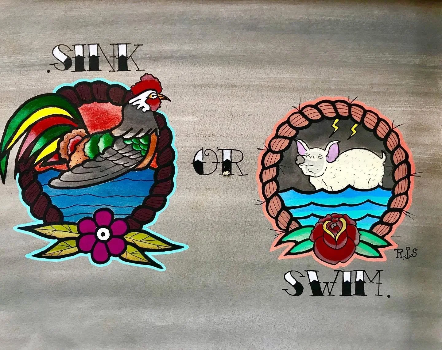 Colorful tattoo-style illustration of a rooster on the left, with the word 'SINK' above it. On the right, a pig illustration with the word 'SWIM' below. The words 'GR' are positioned between the illustrations, with a small decorative detail.