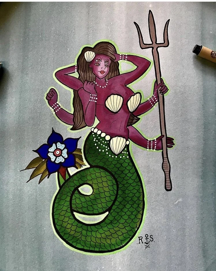 A colorful drawing of a mermaid with purple skin, long brown hair, and shell bras, holding a trident in one hand and a large flower in the other. She is decorated with pearls and has a green scaled tail.