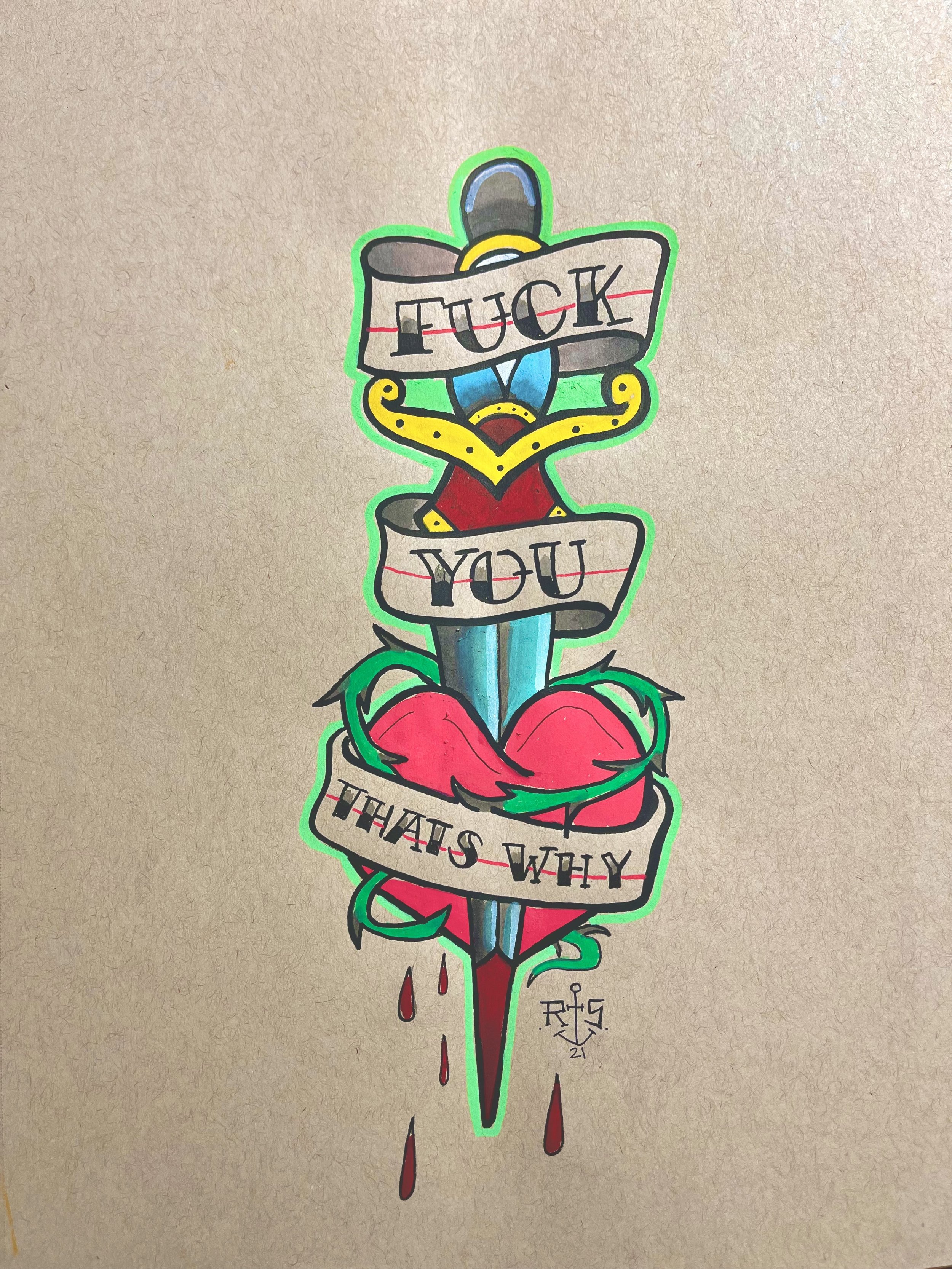 Tattoo-style illustration of a broken heart with a dagger through it, wrapped in a banner that reads 'Why'. The stencil is outlined in green and has drops of blood at the tip of the dagger.