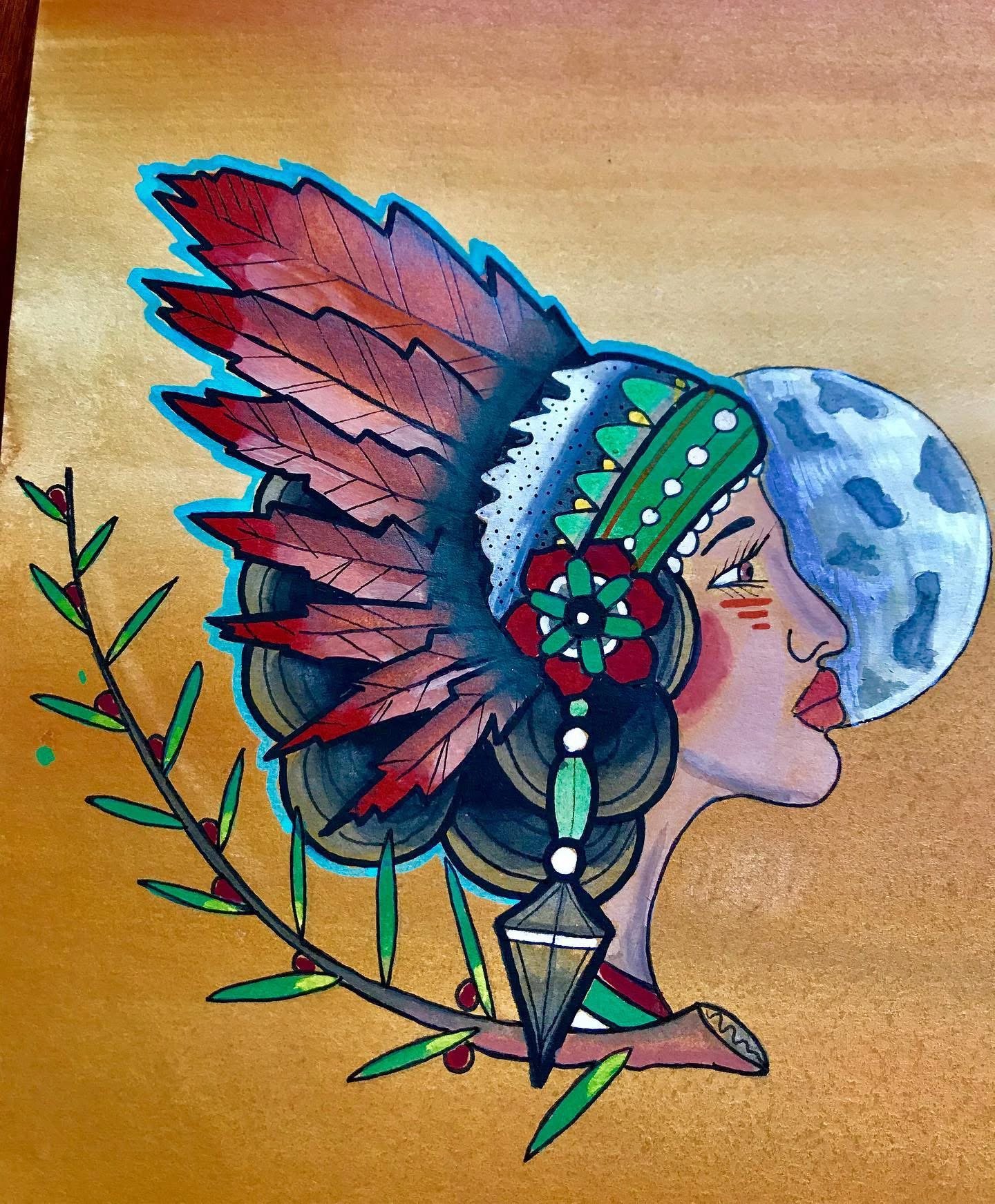 Colorful drawing of a woman's profile with a moon behind her head, wearing a feathered headdress, and a branch with leaves and red berries in front of her.