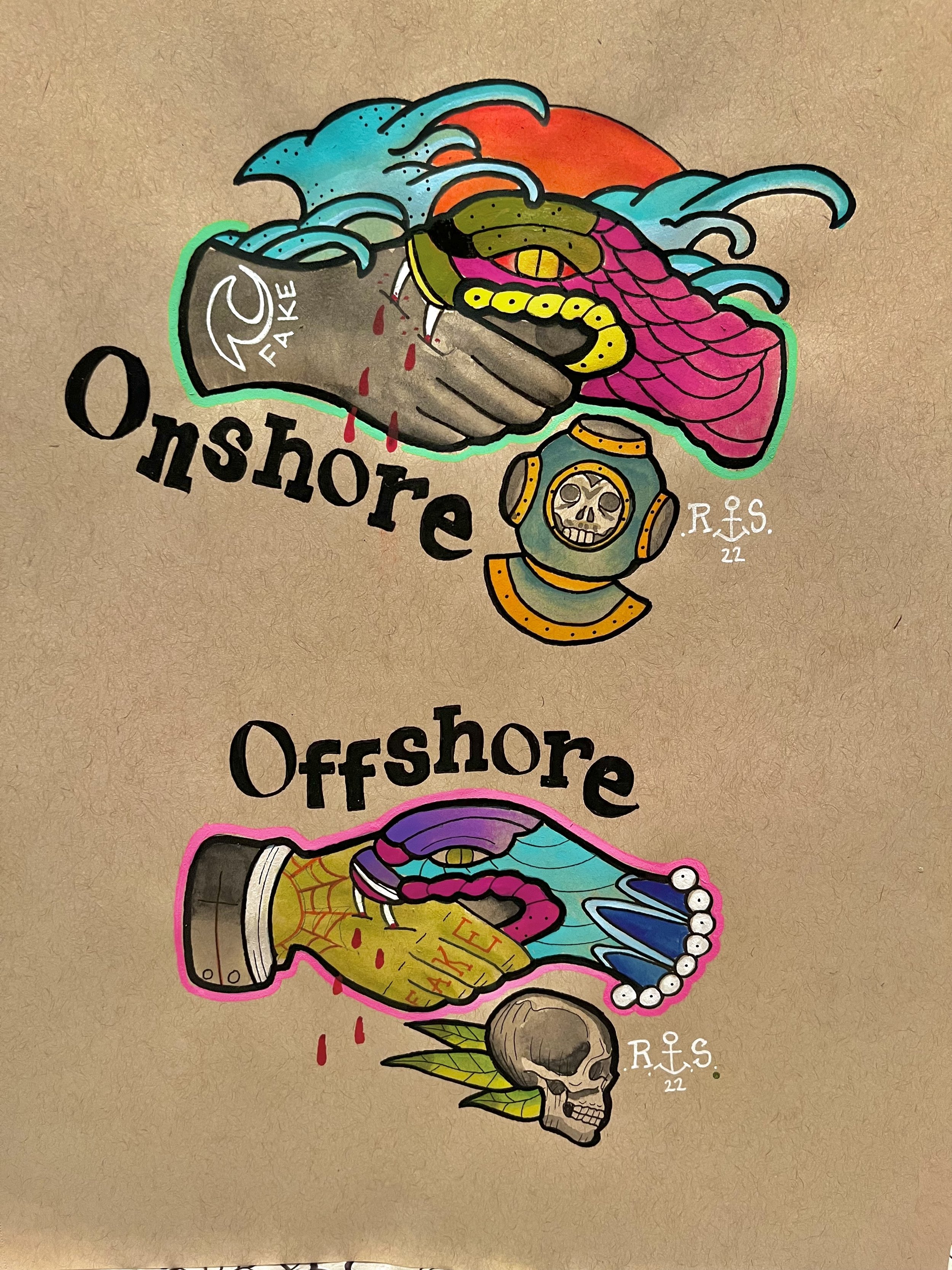 Tattoo-style illustration featuring two hands extending from the ocean, one with a skeleton face mask and the other with a skull, with the words 'Onshore' and 'Offshore' beneath them. The onshore hand holds a yellow snake, and the offshore hand holds