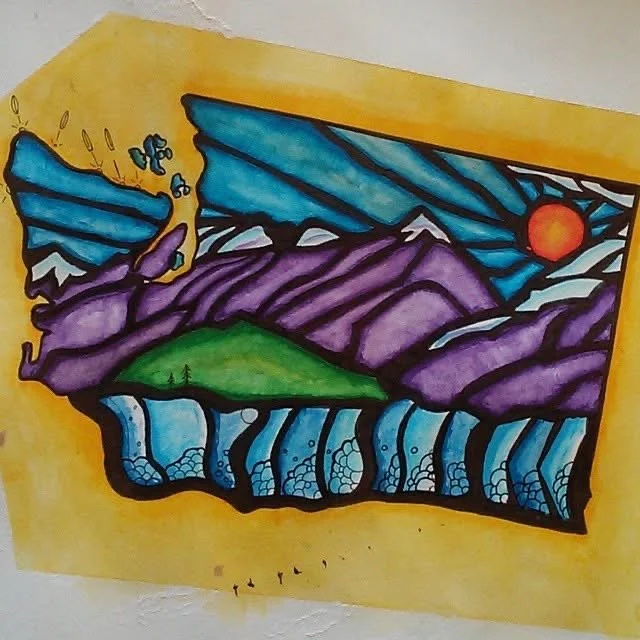 Colorful mural painting of mountains, a green hill, flowing water, a bright orange sun, blue sky with clouds, and birds.