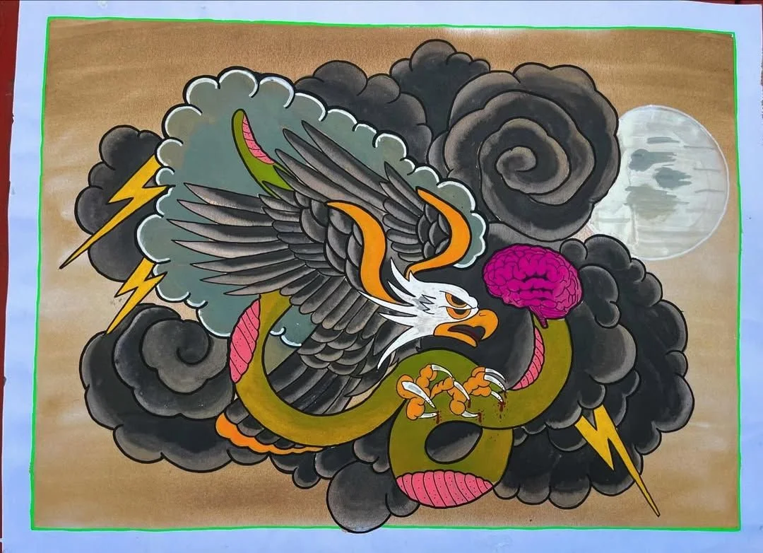 A traditional Asian-inspired tattoo-style illustration of a dragon with black, white, orange, and pink details, surrounded by dark clouds, lightning bolts, and a gray moon or sun behind the clouds.