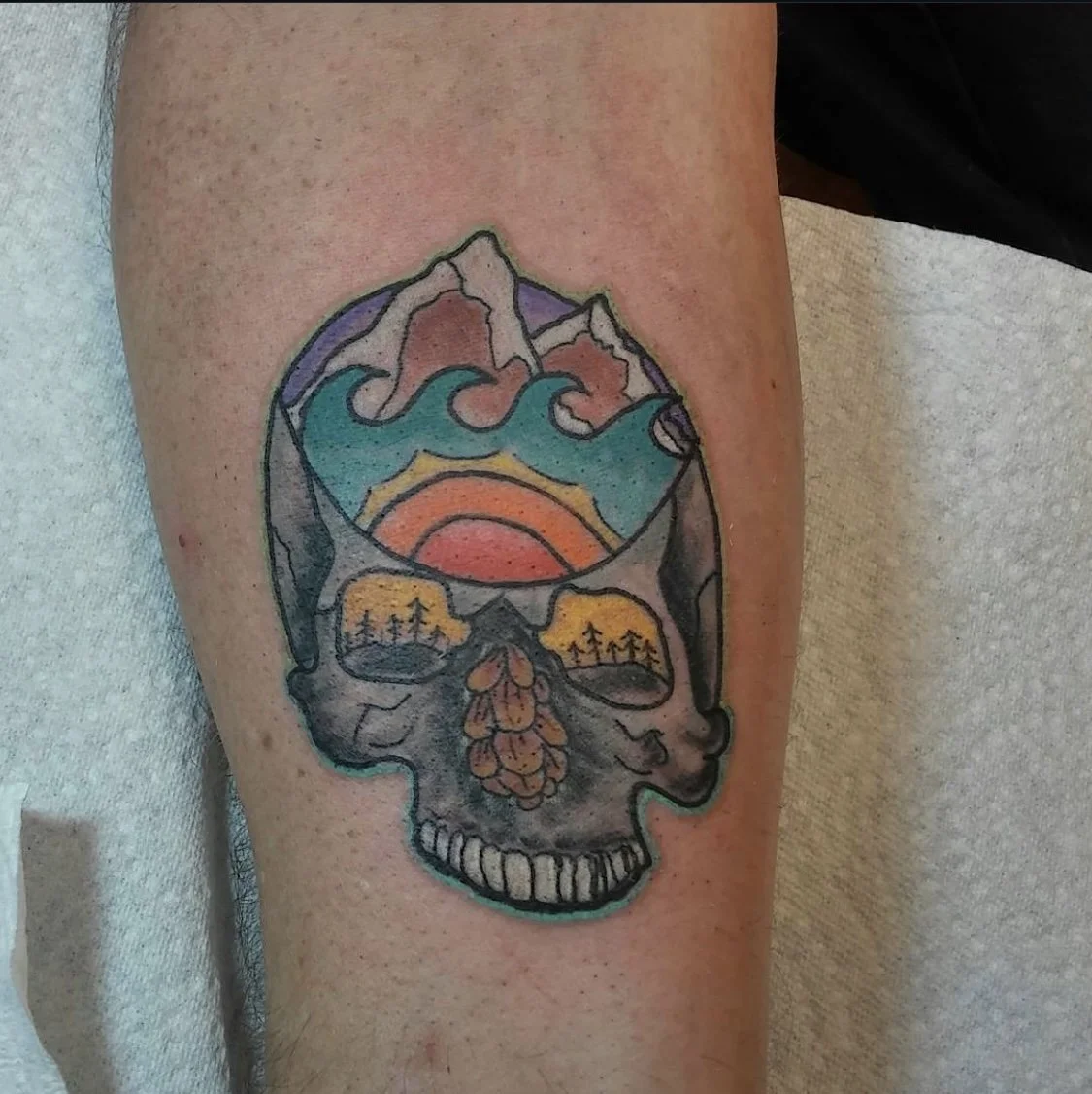 Colorful tattoo of a skull with a landscape scene inside, including mountains, a sunset, trees, and a pinecone.