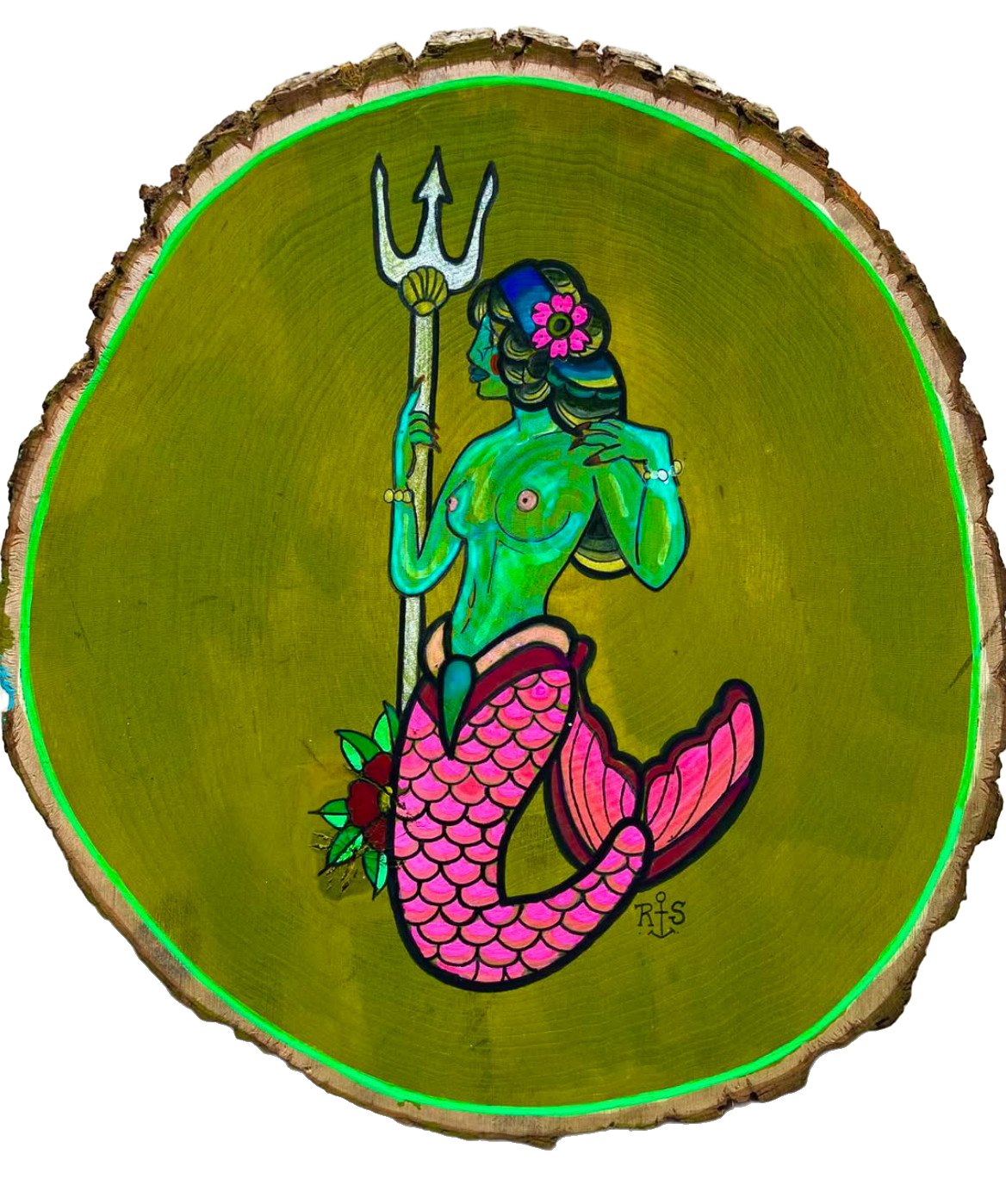 A painted wooden sign of a green-skinned mermaid with a pink fish tail, holding a trident, with long hair adorned with a flower, against a yellow-green background with a green neon outline.